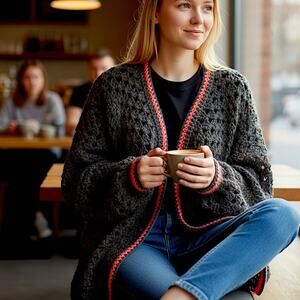 Crochet Open Oversized Cardigan Gray w/ Pink & Orange Trim Bespoke - Size L